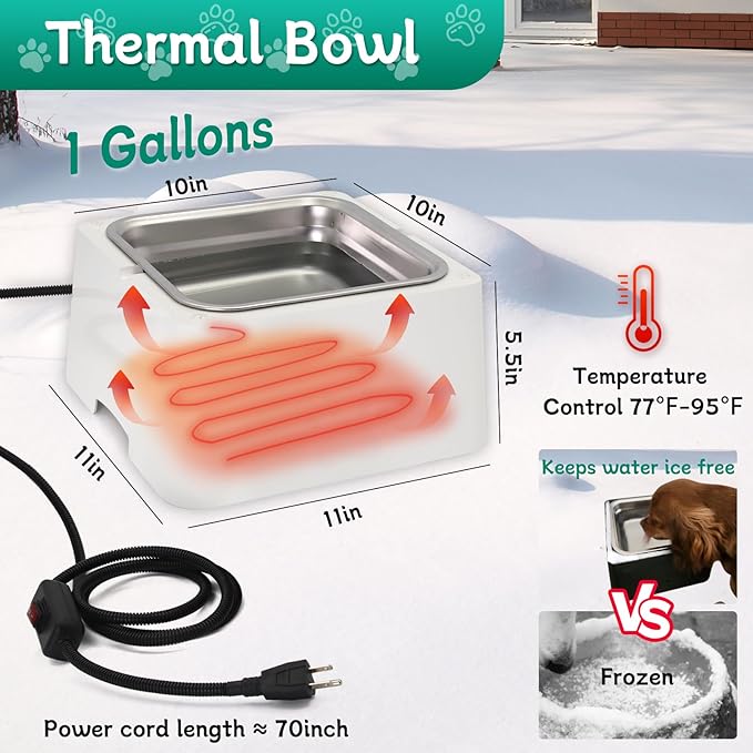Large Heated Water Bowl for Outdoor Dog & Cat, Outside Animal Waterer With Removable Stainless Bowl, No Freeze Pet Dish for Rabbit, Chicken, Poultry, Squirrel