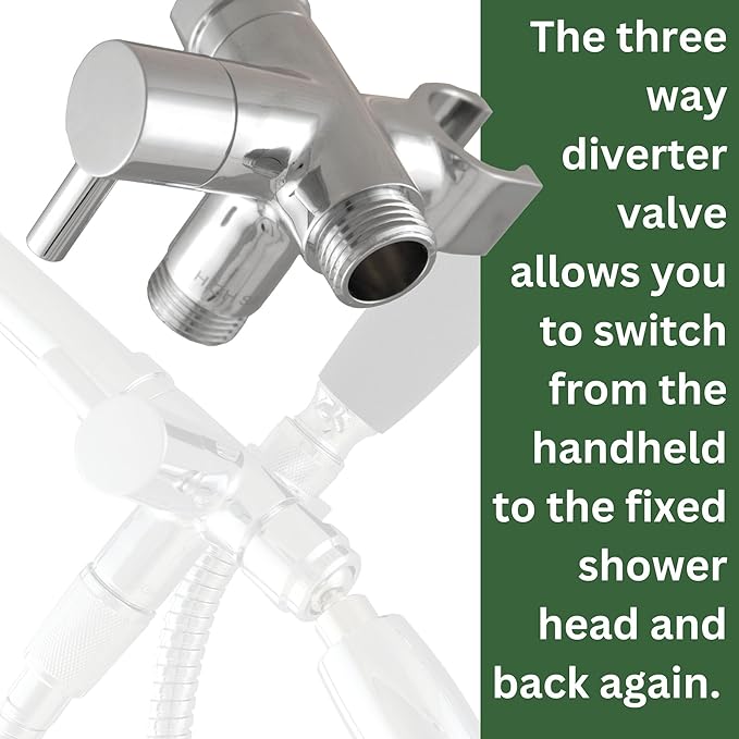 High Sierra® Lead-Free Metal 3-way Combination Shower Kit. Built in Diverter Valve Effortlessly Diverts Flow from the Fixed Shower Head to the Handheld and back - Low Flow 1.8 GPM - Chrome