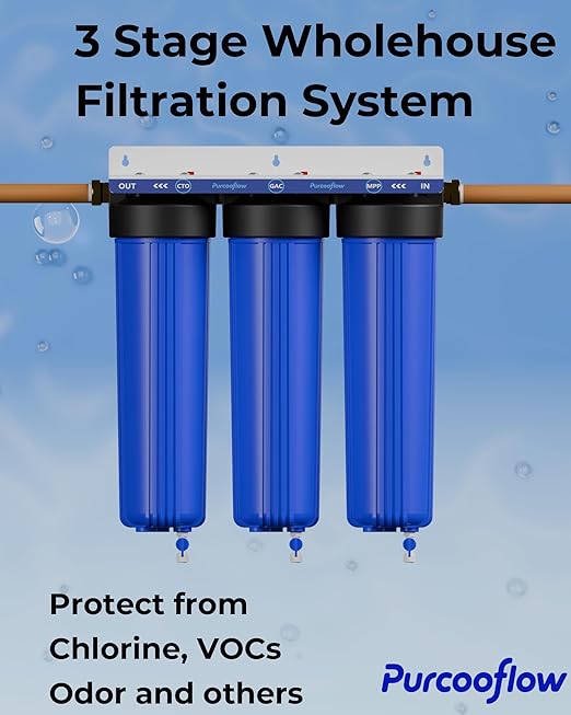 3-Stage Whole House Water Filter System, 20x4.5 Inch, Dual Carbon (GAC & CTO) for Max Chlorine & Odor Reduction, 1" NPT Brass Ports, Drain Valves & Install Kit