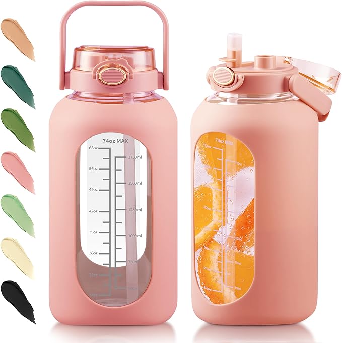 SIEROZUR 64 oz Glass Water Bottle with Straw and Handle Lid Half Gallon Motivational Glass Bottle with Silicone Sleeve and Time Marker Large Reusable Sports Water Jug for Gym Home Workout