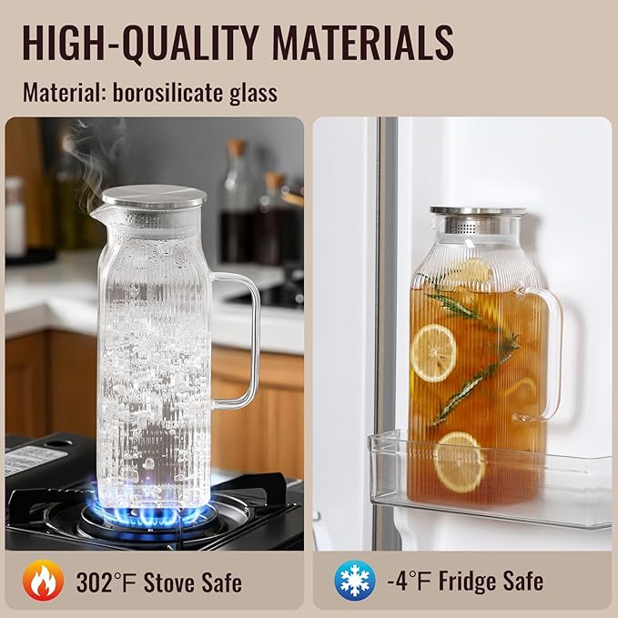 2 Pack 2 Liter/68 oz Square Glass Pitcher with Lid, Classic Stripes Water Pitchers with Handle for Fridge, Large Jug for Iced Tea, Coffee, Borosilicate Glass Carafe for Hot/Cold Brew Drink, Silver