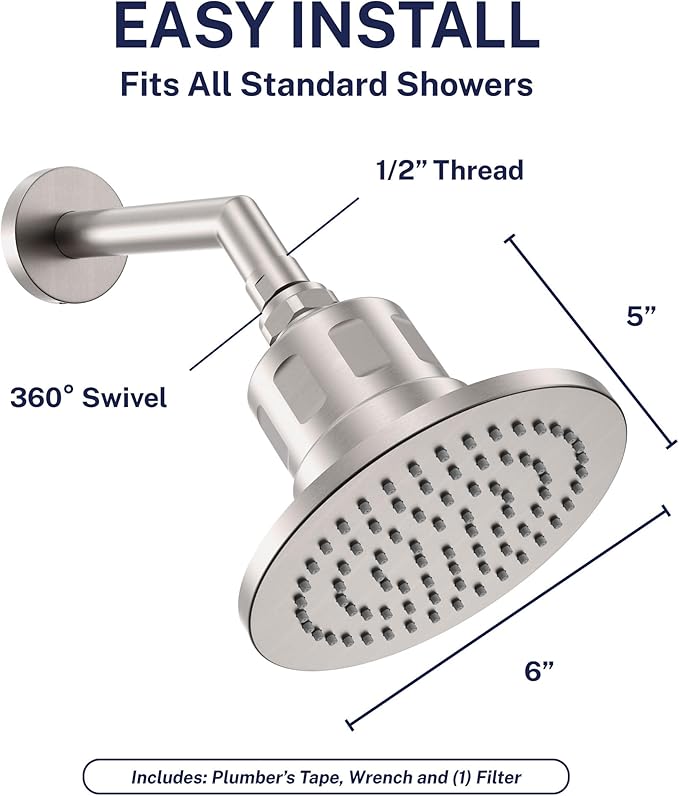 Gillian™ by HammerHead High Pressure Shower Head with Filter – Genuine KDF-55 Metal Hard Water Filtering Shower Head, Healthier Skin & Hair – 6-Inch Rainfall Shower Head with Filters, Brushed Nickel