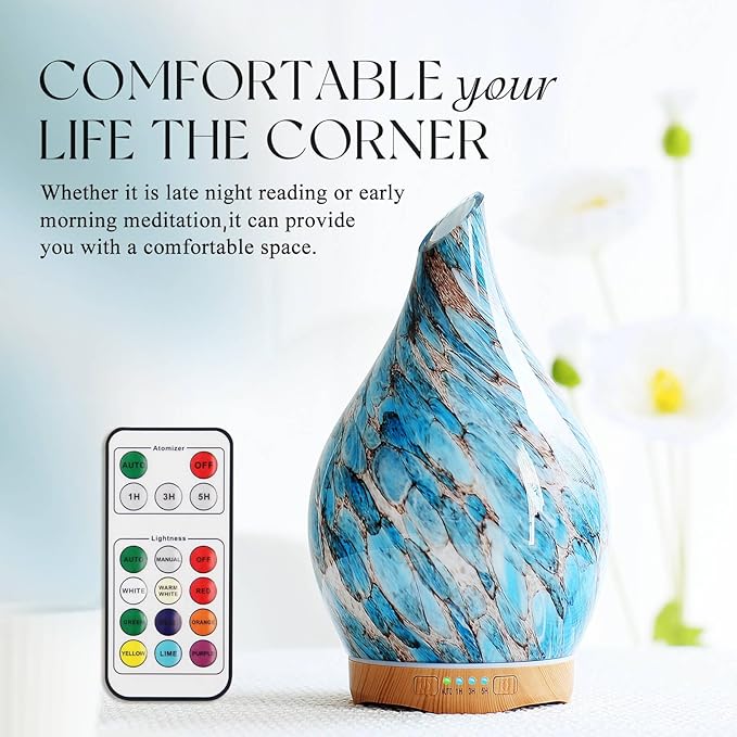 Porseme 280ml Essential Oil Diffuser Glass Color Changing Aroma Air Diffusers Aromatherapy Ultrasonic Cool Mist Humidifier with Remote Control 7 Running Hours Waterless Auto-Off (Light Blue)
