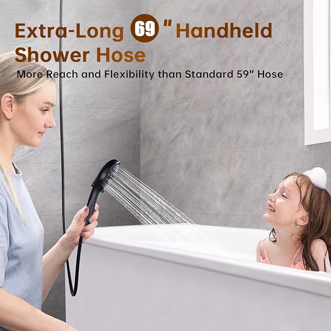 BRIGHT SHOWERS High Pressure Dual Shower Head Combo with Handheld and Rain Shower, Built-in Power Wash, 9 Settings, Height Adjustable Extension Arm, 3-Way Diverter, 69” Hose, Matte Black