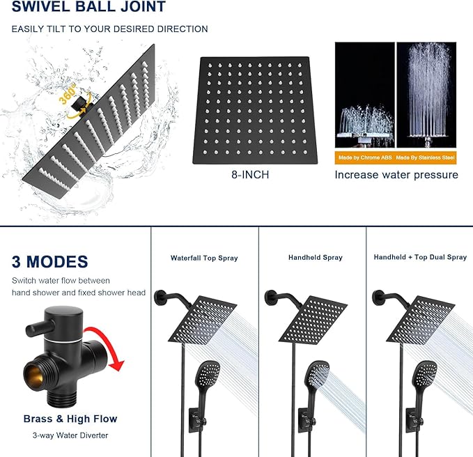NearMoon Shower Head with Hose, High Pressure Stainless Steel Rain Shower and 3 Settings Handheld Spray Combo with Push Button Flow Control (8 Inch Showerhead Set, Matte Black) - AquaVibe