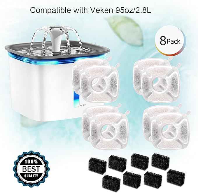 BRENSTEN 16 Pcs Replacement Filters & Sponges for Veken 95oz/2.8L Pet Fountain, Cat Water Filters (8 Carbon + 8 Sponge)