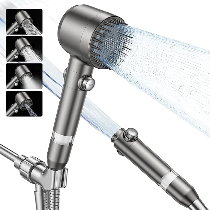 Filtered Shower Head with Handheld,High Pressure Shower Head 4 Spray Modes,ShowerHead with ON/OFF Switch for Pets,Built-in Power Wash to Clean Tub,Shower Heads Combo with Stainless Steel Hose