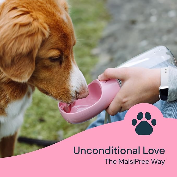 MalsiPree Leak-Proof Portable Dog Water Bottle for Travel - 19 oz, with Pink Bowl - Food Grade Plastic - Dog Bowls - Puppy Essentials - Pet Water Bottle - AquaVibe