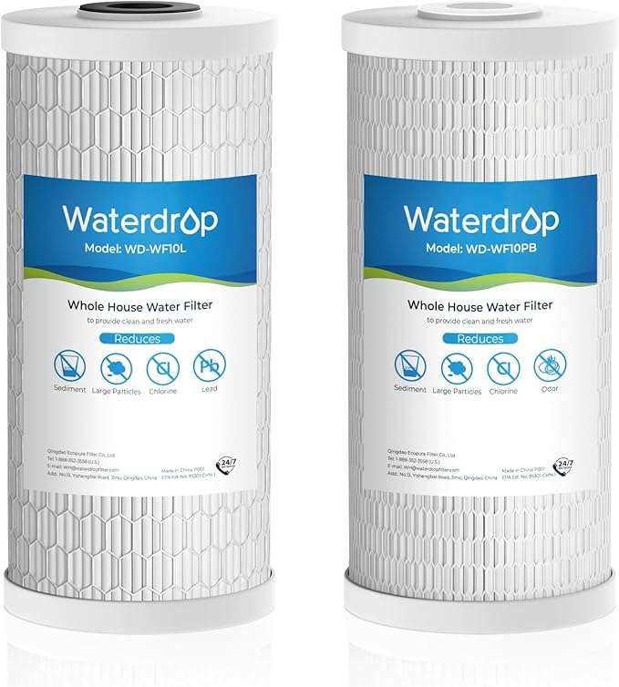 Waterdrop Whole House Water Filter, Sediment Filter Reduce Lead, Chlorine Filter Cartridge, Replacement for GE® FXHTC, GXWH40L, iSpring, Culligan® RFC-BBSA, Whirlpool®, Any 10" x 4.5" System, 5 Micron - AquaVibe