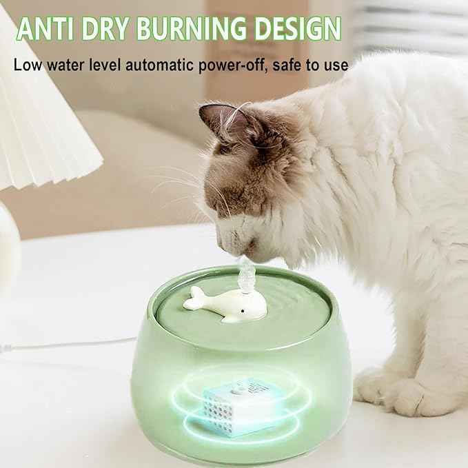Ceramic Cat Water Fountain, 45oz/1.3L Porcelain Cat Water Dispenser, Automatic pet Water Fountain with Ultra-Quiet Pump, Perfect for Cats and Small Dogs, Cute Design (Green)
