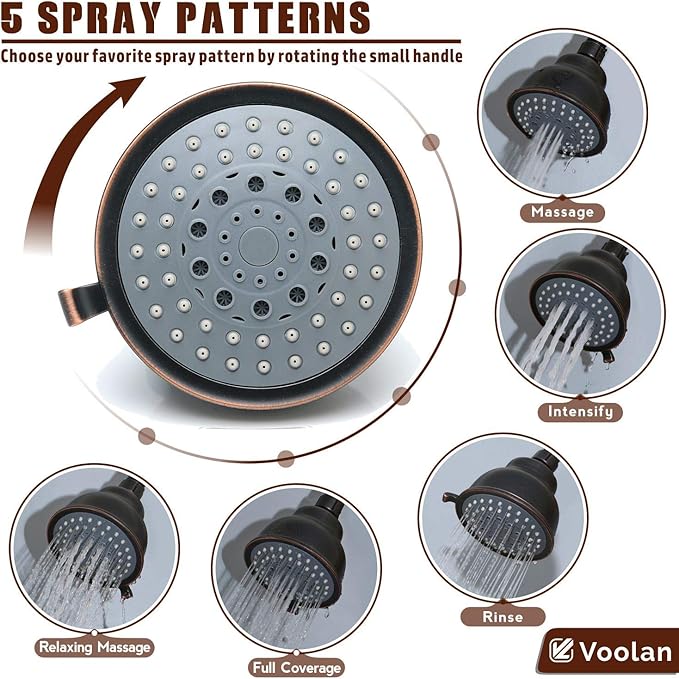 Voolan High Pressure Shower Head with Shower Arm - 5 Function Rain Shower Head - Comfortable Shower Experience Even at Low Water Flow - Oil-Rubbed Bronze