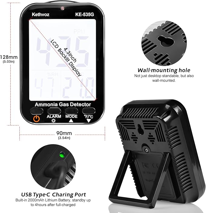 Ammonia Gas Detector NH3 Air Monitor, Kethvoz Ammonia Air Quality Monitor Detect Ammonia Gas 0~100 PPM with Alarm Buzzer, Wall-Mounted Ammonia Sensor 535G Display Humidity,Temperature