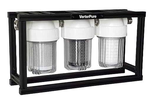 S3 Mini External 3-Stage RV Fresh Water Filter System, Compact, 5 Inch Filters, 3/4" GHT Stainless Steel Fittings, Reduce Sediment, Chlorine, Odor, All Aluminium Free-Standing Chassis, Clear