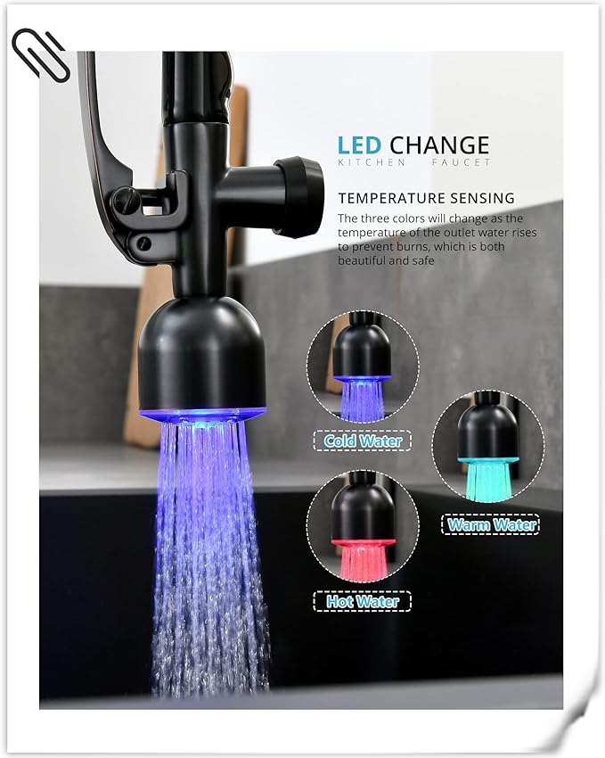 Fapully Commercial Single Handle Pull Down Sprayer Oil Rubbed Bronze Kitchen Faucet, Kitchen Sink Faucet with LED Light