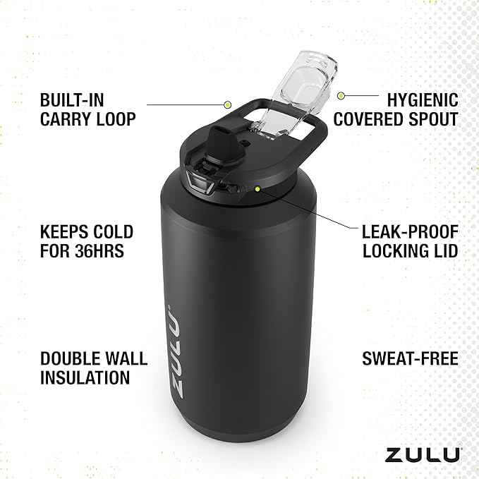 ZULU Goals Vacuum Insulated Large Capacity Stainless Steel Water Bottle | Reusable Jug Thermoses with Carry Handle | Leak-Proof Lid | Perfect for Travel, Workout, Gym, Hiking, Camping | 64oz, 101oz