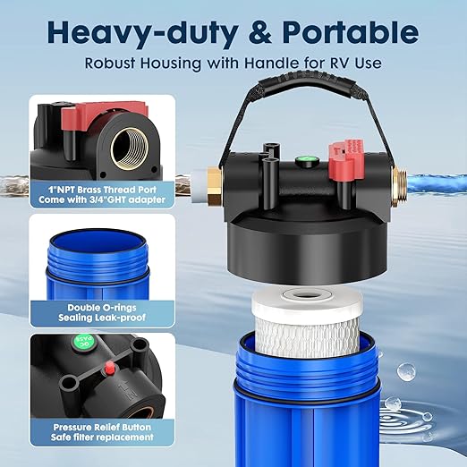 RV Water Filter System,Clog-Resistant Inline Water Filter with Brass Threads,0.2 Micron 6-Stage Filtration for RVs and Campers,4.5x10in.Cartridge,Filters VOCs,Chlorine, Sediments,Heavy Metals,Odors