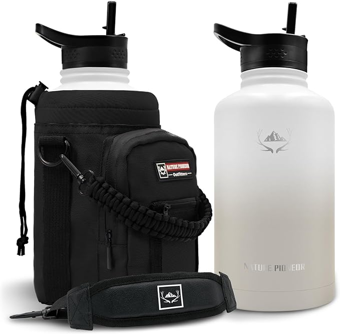 NATURE PIONEOR Insulated Water Bottles with Straw - 64oz Stainless Steel Vacuum Bottle with Holder/Carrier/Sleeve - Reusable 18/8 Food Grade Half Gallon Water Jug