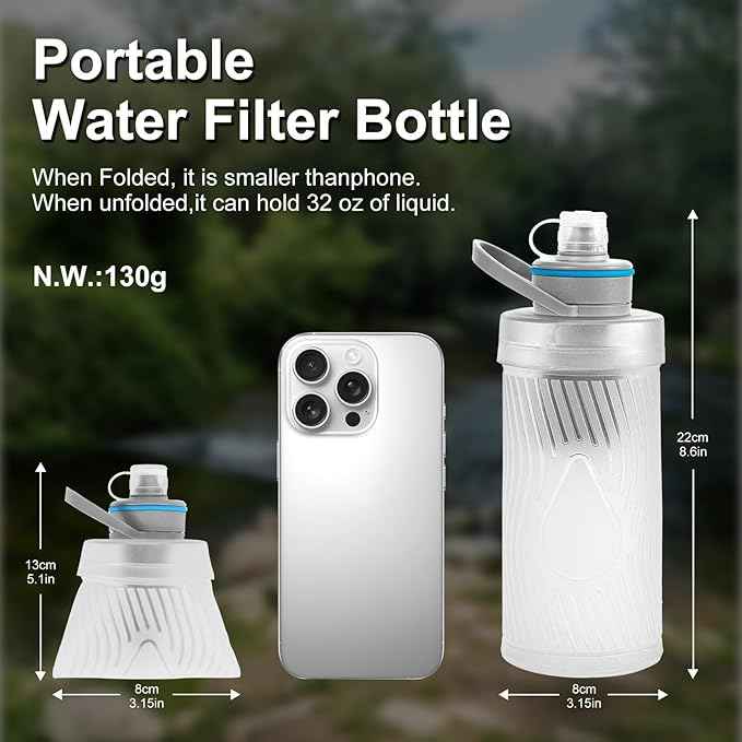SurviMate 700ml Collapsible Water Filter Bottle,Squeeze Water Filtered Bottle，BPA-Free, Ultra Light Survival Emergency Water Filter，Perfect for Hiking, Backpacking, Camping