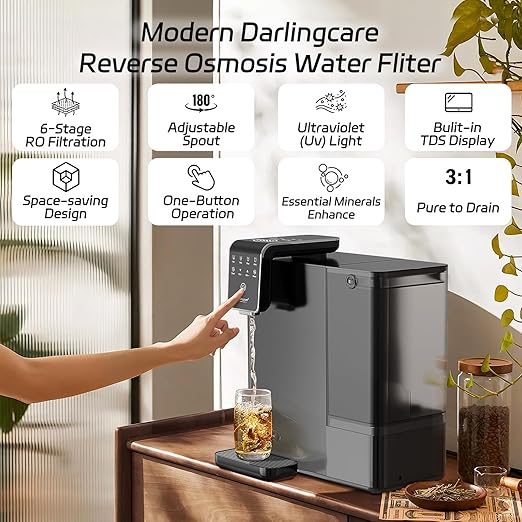 Reverse Osmosis Water Filter Countertop : 6-Stage Reverse Osmosis System with UV TDS Monitor 3:1 Pure to Drain Darlingcare Water Purifier for Kitchen Office Home (Grey)