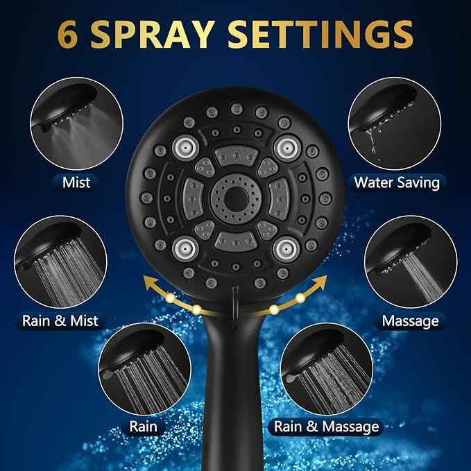 6 Spray Modes High Pressure Handheld Showerhead Set Upgraded 5 Inches Shower Head with Handheld Spray Matte Black Handheld Shower Head 60 Inches Stainless Steel Hose-1-Min Install