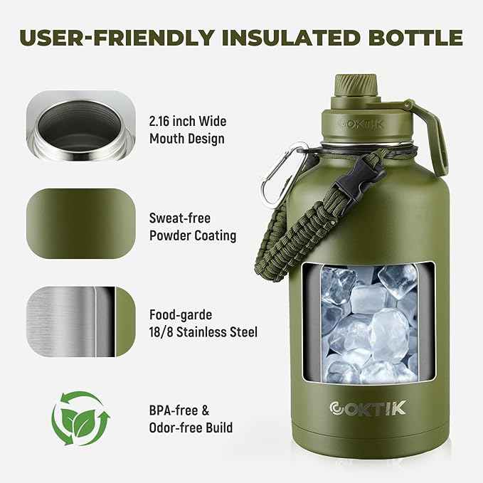 Half Gallon Insulated Water Bottle, 64 oz Triple Wall Stainless Steel Flask,Cold for 48 Hrs Leak-Proof & BPA-Free Jug with Paracord Handle, Straw & Spout Lids(2 pack, Army Green)