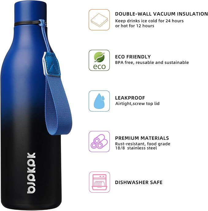 BJPKPK Insulated Water Bottles, 25 oz Stainless Steel Metal Water Bottle with Strap, BPA Free Leak Proof Jugs, Mugs, Flasks, Reusable Thermal Flasks for Sports & Travel, Blue Black