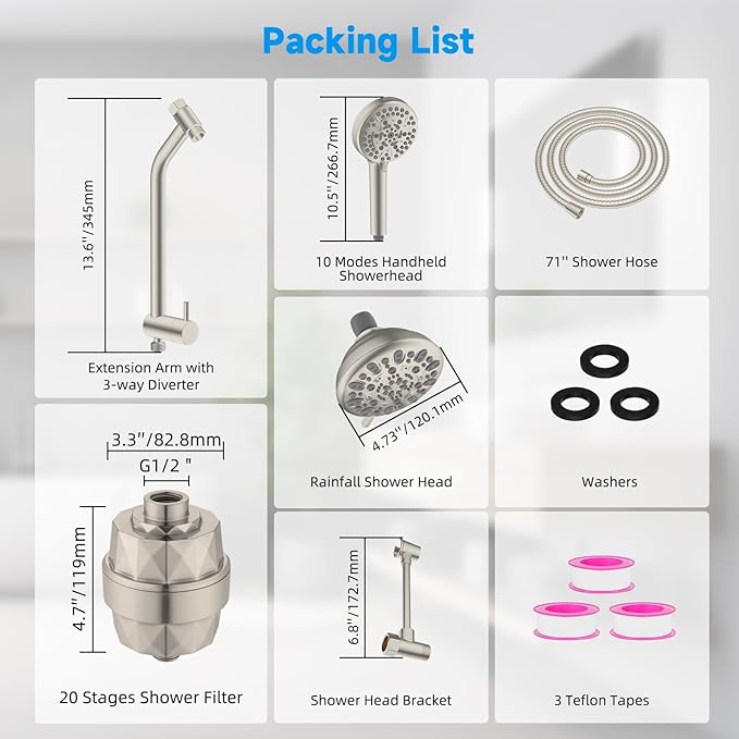 Filtered Shower Heads, All Metal Dual Shower Head Easy Reach Handheld Spary Combo, 3-Way High Pressure 70 Mode Rainfall Showerhead, 71" Hose, Shower Bracket, 20 Stage Shower Filter, Brushed Nickel