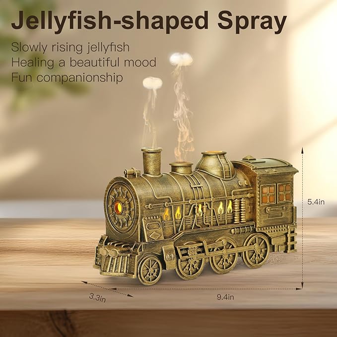 Essential Oil Diffuser Train Diffuser 300ml, Train Humidifier, Aromatherapy Diffuser Cool Mist Aromatherapy with 2 Light 2 Mist Mode Auto Shut-Off, Remote Included for Office Baby Home (Copper)
