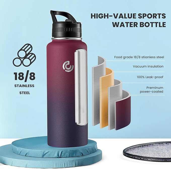 COKTIK 40oz Sports Water Bottle, Stainless Steel Water Bottle for Insulated, Reusable Travel Bottle, With Straw, With Handle Grip for Easy Carrying, Suitable for Cycling, Outdoor Vacations(Midnight)