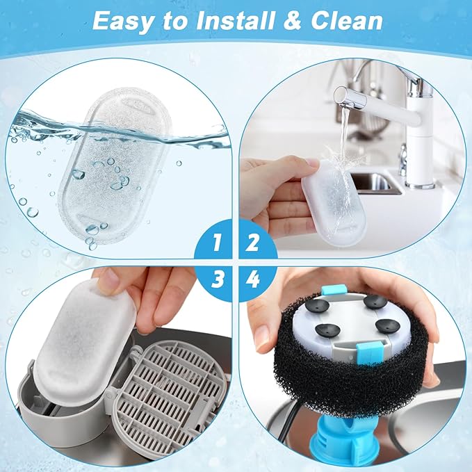 Cat Water Fountain Filters Replacement, 16 Pcs Pet Water Fountain Filter with 16 Pcs Foam Sponges for 67oz/2L & 108oz/3.2L Stainless Steel Pet Cat Water Fountain Dispenser Filters