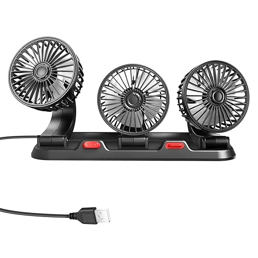 Portable 3-Head Car Cooling Fan - 2-Speed Adjustable, 360° Rotating USB Fan Powerful Airflow for Vehicles, RVs, and SUVs