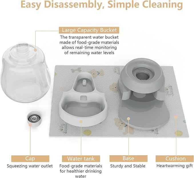 1 Gallon Automatic Dog Water Dispenser, Premium Large Capacity Gravity Pet Water Bowl with Non-Slip Mat for Multiple Pets, BPA-Free Cat Water Feeder for Large Dogs, Refill Less Often, Grey