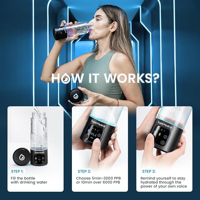 Hydrogen Water Bottle Generator - Up to 6000+ PPB Concentration - SPE/PEM Technology - Voice Reminder - Water Ionizer Machine Suitable for Travel, Daily and Office Drinking - 12oz (Black)