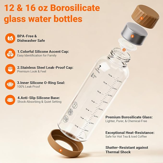 12 oz Glass Juice Bottles – 4 Pack Glass Water Bottles with Stainless Steel Lids – Leakproof, BPA Free, Heat-Resistant Borosilicate Glass for Juicing, Smoothies, Milk, Protein, Beverage Storage