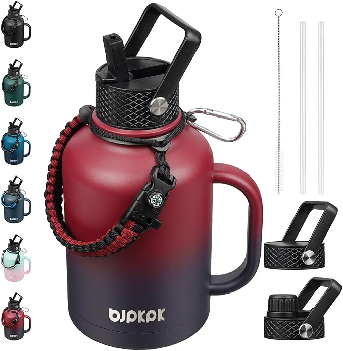 BJPKPK Large Insulated Water Bottles with Straw Lid & Handle, 50oz Water Bottle with 3 Lids and Paracord Strap,Stainless Steel Metal Water Bottle, nsulated Water Jug,Charming Red