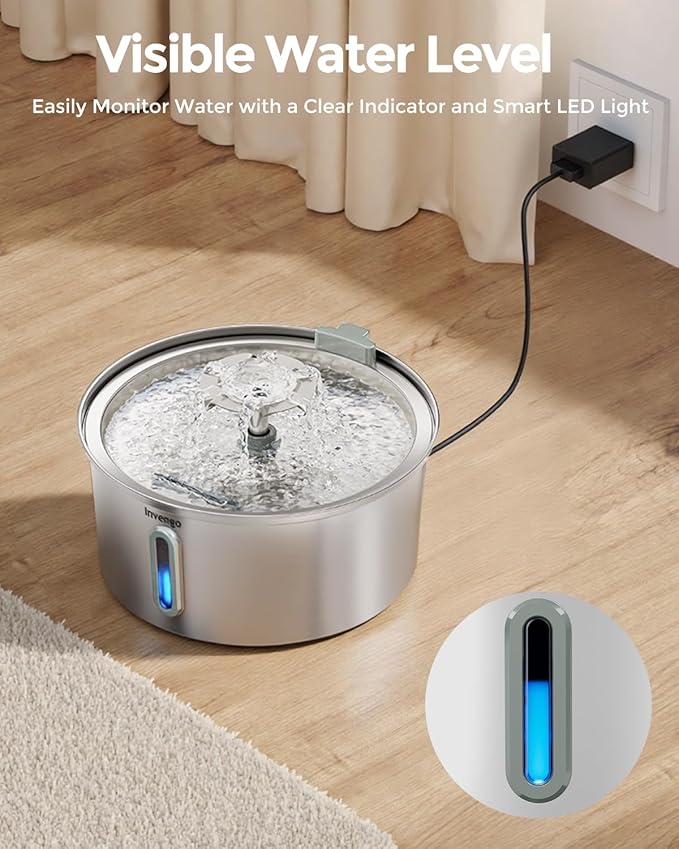 Cat Water Fountain Stainless Steel 3.2L/108oz, Automatic Pet Fountain for Cats & Dogs, Ultra Quiet <25 dB Pump, LED Water Level Window, Easy to Clean