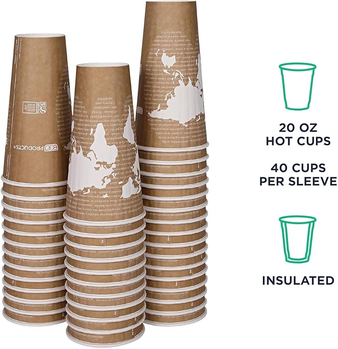 ECO PRODUCTS Compostable Disposable Insulated World Art 20oz Large Coffee Cups, Case of 600, Renewable Double-wall Hot Paper Cup, Plant Based PLA Lining, No Sleeves Needed, Lid Available, Color Coded