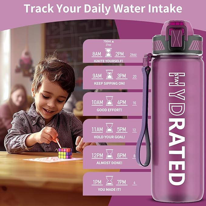 Water Bottle with Straw, 27oz Motivational Water Bottles with Time Marker to Drink, Tritan BPA Free, 750ml Sports Water Bottle with Carry Strap LeakProof for School Fitness Outdoor (1Pack)