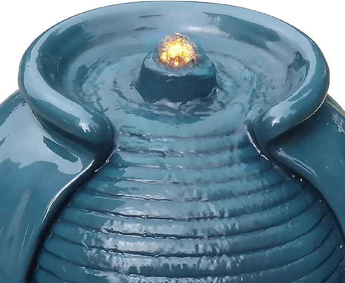 Teamson Home 32 in. Outdoor Contemporary Glazed Contoured Vase Water Fountain with LED Lights to Create a Calming Oasis in Gardens and Landscaping, on Patios, Balconies, Lawns, Teal Blue
