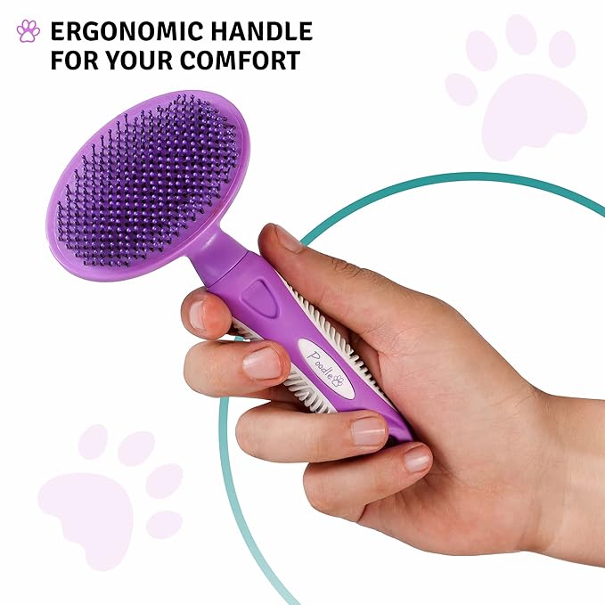 Round Bristle Pet Brush for Dogs and Cats - Soft Dog Brush for Grooming Short or Long Hair - Gentle Tool for Sensitive Skin Removes Dander, Dirt, and Detangles (Purple) - AquaVibe