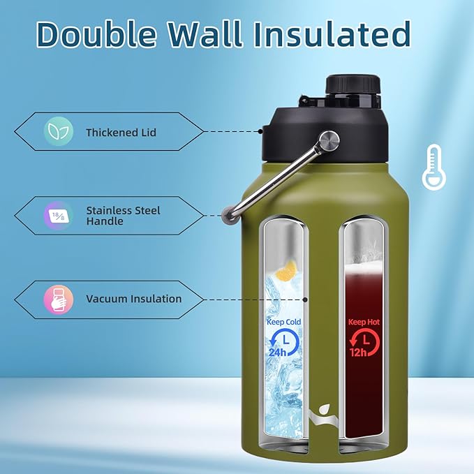 Jug with Handle,87 oz Insulated Water Bottle with Carrying Pouch, Double Wall Vacuum Stainless Steel Metal Bottle,Forest Green