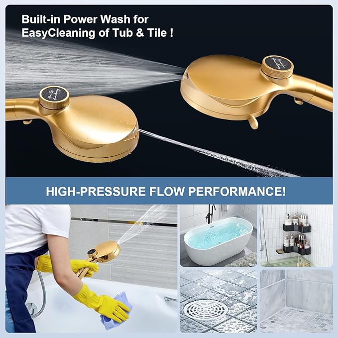 Filtered Shower Head with Handheld, High Pressure 10 Spray Mode Showerhead, Water Softener Filters Beads for Hard Water - Remove Impurity, with brackets and hoses, Gold
