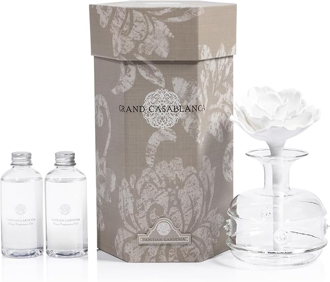 Zodax Grand Casablanca Porcelain Oil Diffuser - Home Fragrance Oil Diffuser Ideal for Living Room, Bathroom, Office - Flower Design - Gift Box Packaging Included - Tahitian Gardenia - 6.76 Oz.