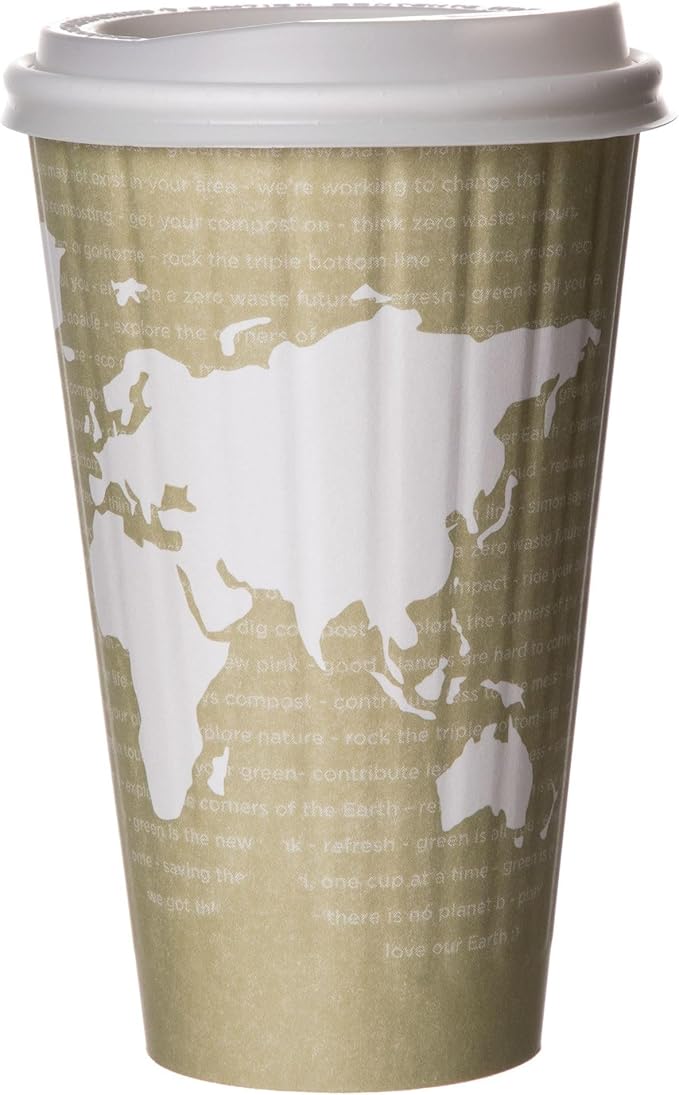 ECO PRODUCTS Compostable Disposable Insulated World Art 16oz Large Coffee Cups, Case of 600, Renewable Double-wall Hot Paper Cup, Plant Based PLA Lining, No Sleeves Needed, Color Coded