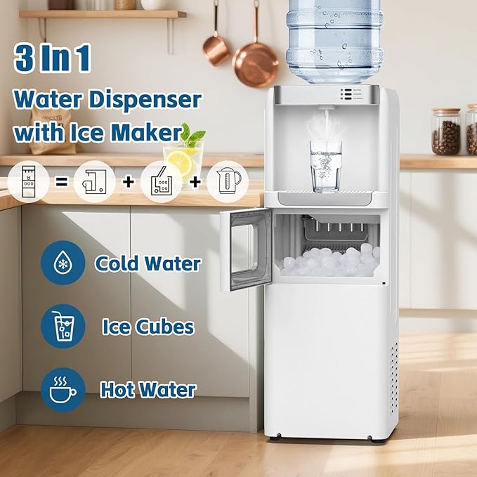 4 in 1 Water Cooler Dispenser with Ice Maker, Hot & Cold Water Dispenser for Home & Office, 33lbs/24H Bullet Ice, Top Loading 3-5 Gallon, Child Safety Lock, Ice Ready in 7 Min (White)