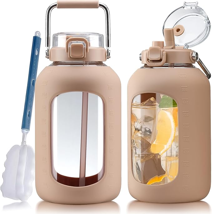 Large Glass Water Bottles with Stainless Steel Handle,100 oz Gallon Drinking Bottle with 2-in-1 Straw Lid,3 Liter Glass Water Jug with Silicone Sleeve,Wide Mouth,Amber