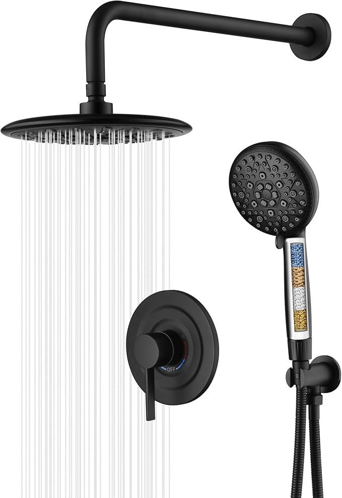 sumerain Matte Black Shower System, Handheld Showerhead with Filters for Hard Water, 9" High Pressure Multiple Modes Rain Shower Head, Valve Included
