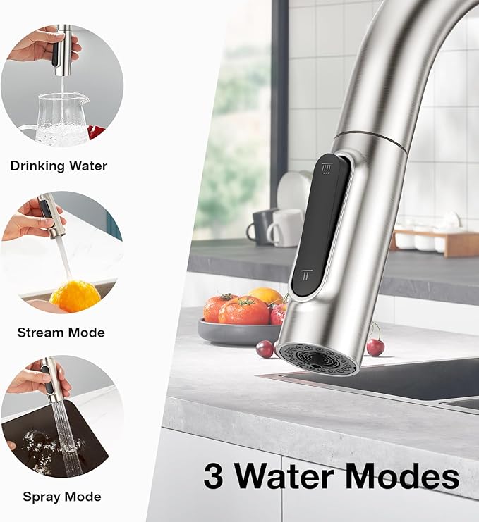 CREA 3 Way Kitchen Faucet with Filtered Water Outlet & Pull Down Sprayer, Stainless Steel Kitchen Faucets Use with Water Filter, Drinking Water Faucet for Kitchen Sink Reverse Osmosis (RO), Brushed
