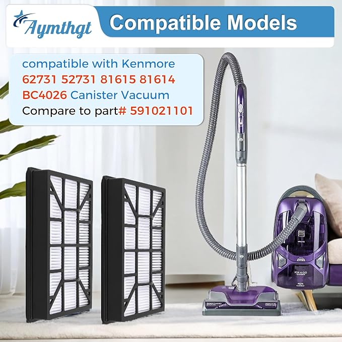2 Pack EF-12 52731 HEPA Filter Compatible With Kenmore 62731, 52731, 81615, 81614, BC4026 Canister Vacuum Cleaner, Compare To Part# 591021101 - AquaVibe