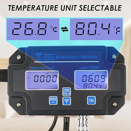 Professional 6-in-1 Water Quality Monitor Tests pH, TDS, EC, Salinity, SG, Temperature Wi-Fi Smart Sensor with App & Data Logging for Aquarium, Fish Pond, Hydroponics